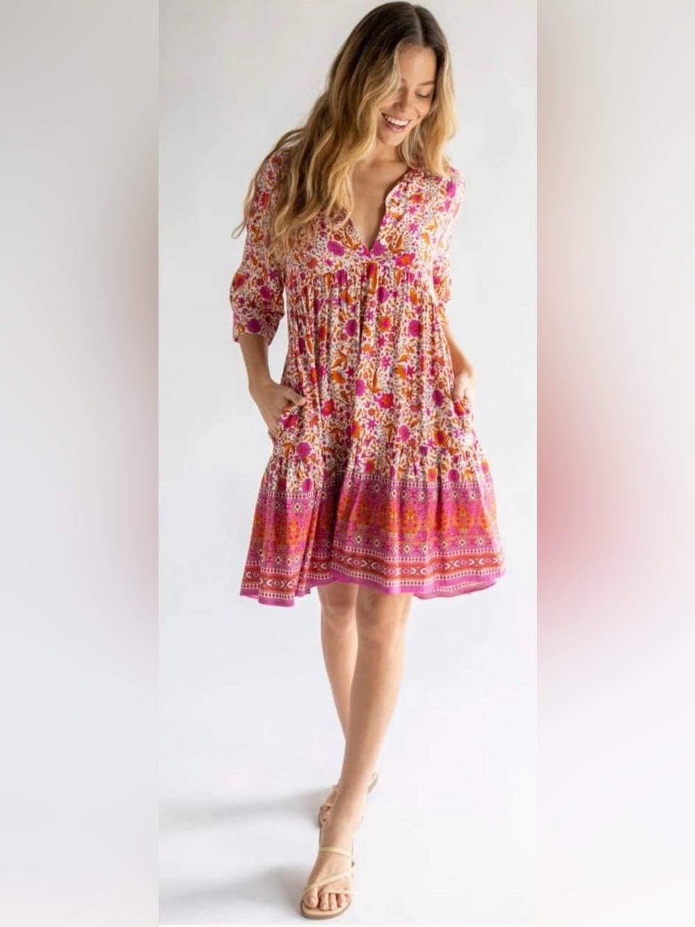 Natural Life Floral Boho Dress XL NWOT Pink Orange Border Print